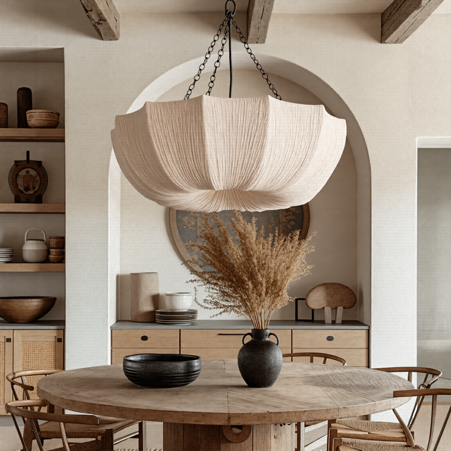 Modern Pleated Fabric Parasol Chandelier - Japandi Organic Modern Pendant Light