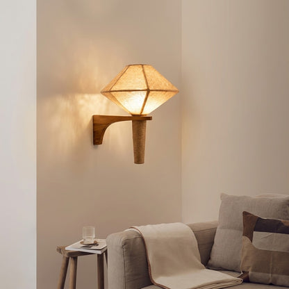 Natural Wood Fabric Geometric Japandi Wall Sconce