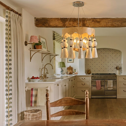 Modern Rustic Wood Tassel Chandelier - 6-Light Pendant