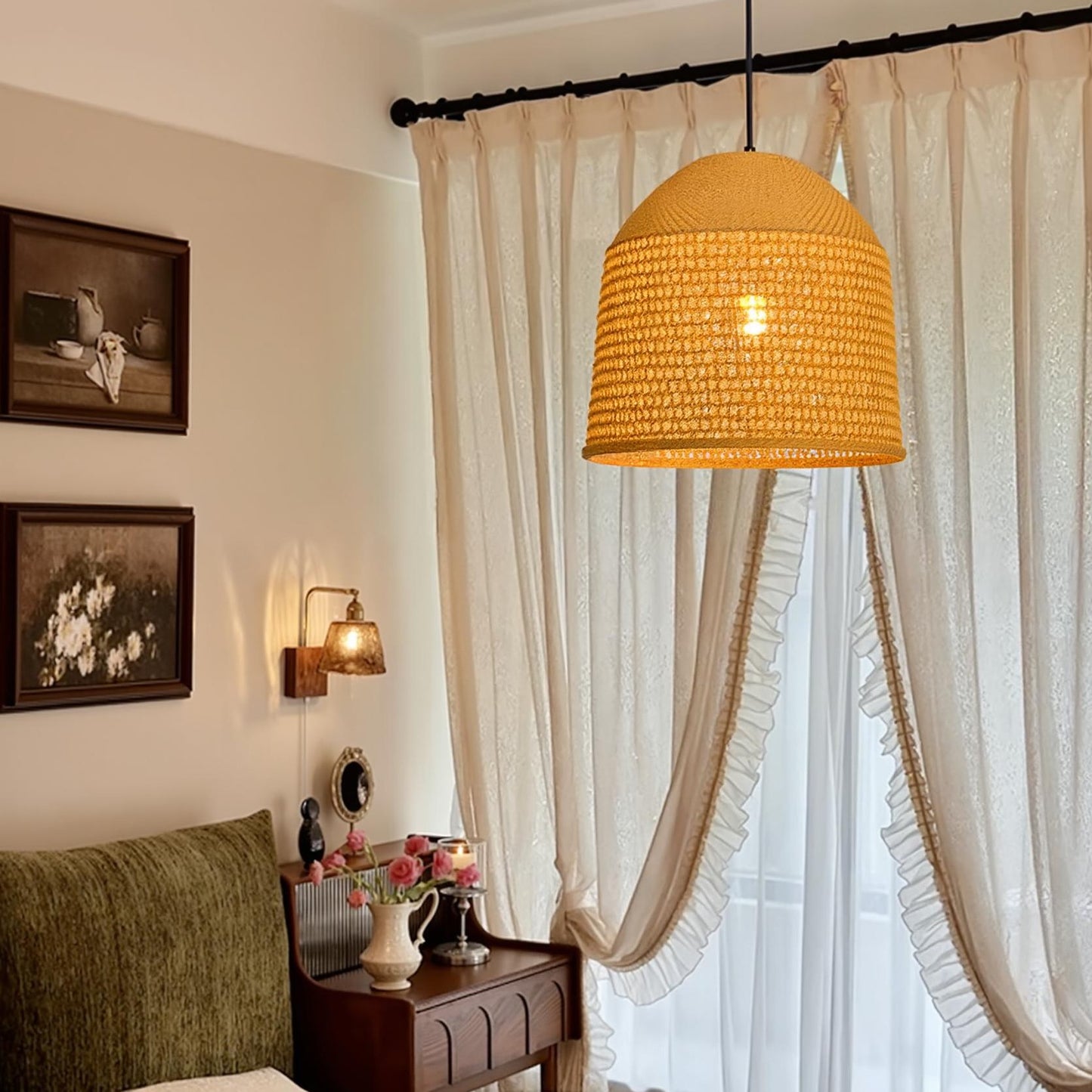 Modern Hand-Woven Straw Pendant Light - Japandi Open Weave Dome Lamp