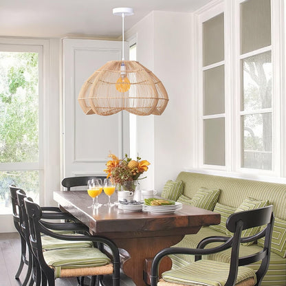 Modern Hand-Woven Rattan Scalloped Pendant Light - Japandi Fluted Dome Chandelier