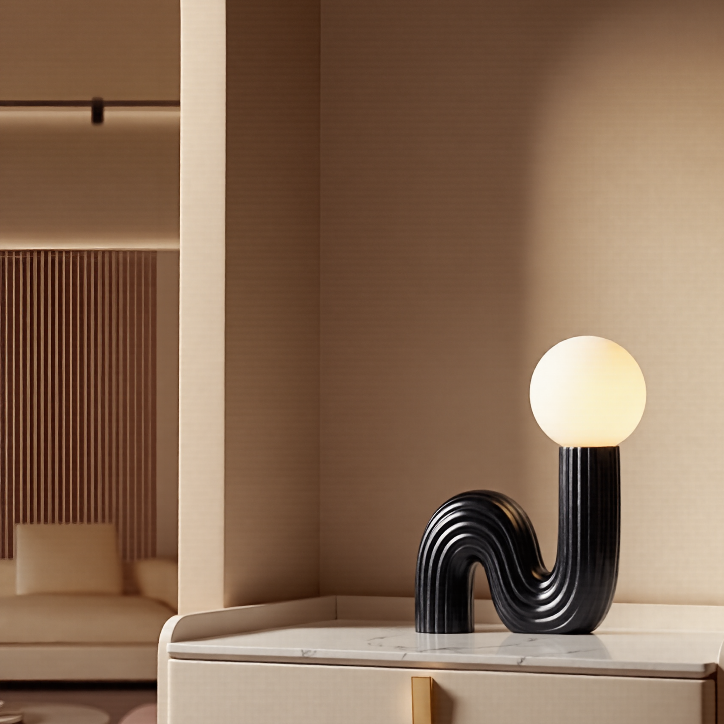 Modern Memphis Wavy Table Lamp - Ribbed Ceramic Snake Globe Light
