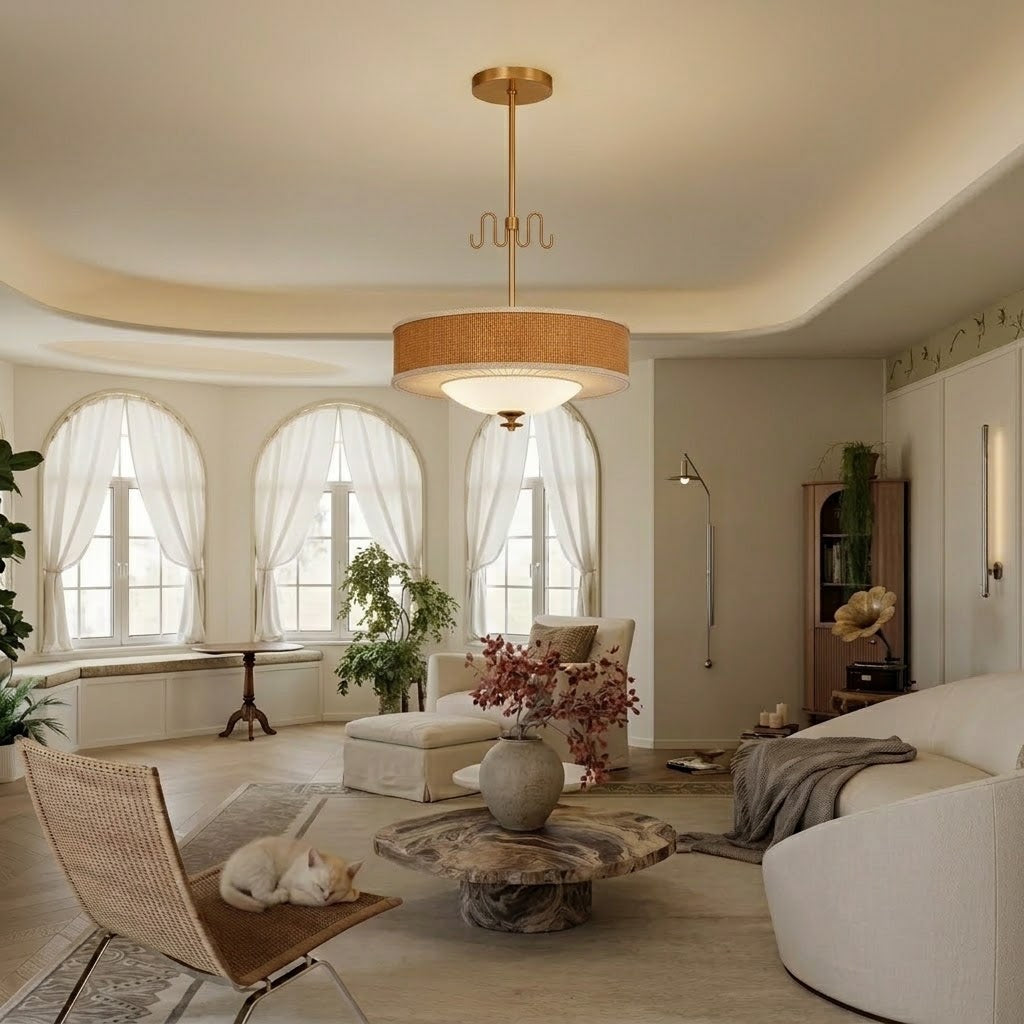 Mid-Century Rattan Pendant Light with Brass Detail
