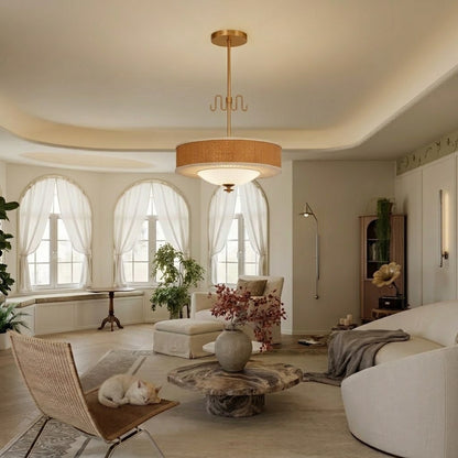 Mid-Century Rattan Pendant Light with Brass Detail
