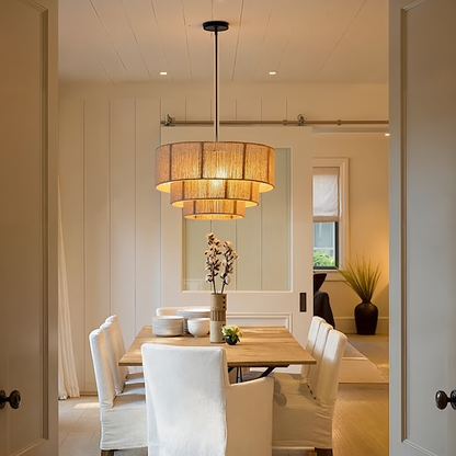 Modern 3-Tier Natural Jute Rope Chandelier - Layered Boho Drum Pendant Light