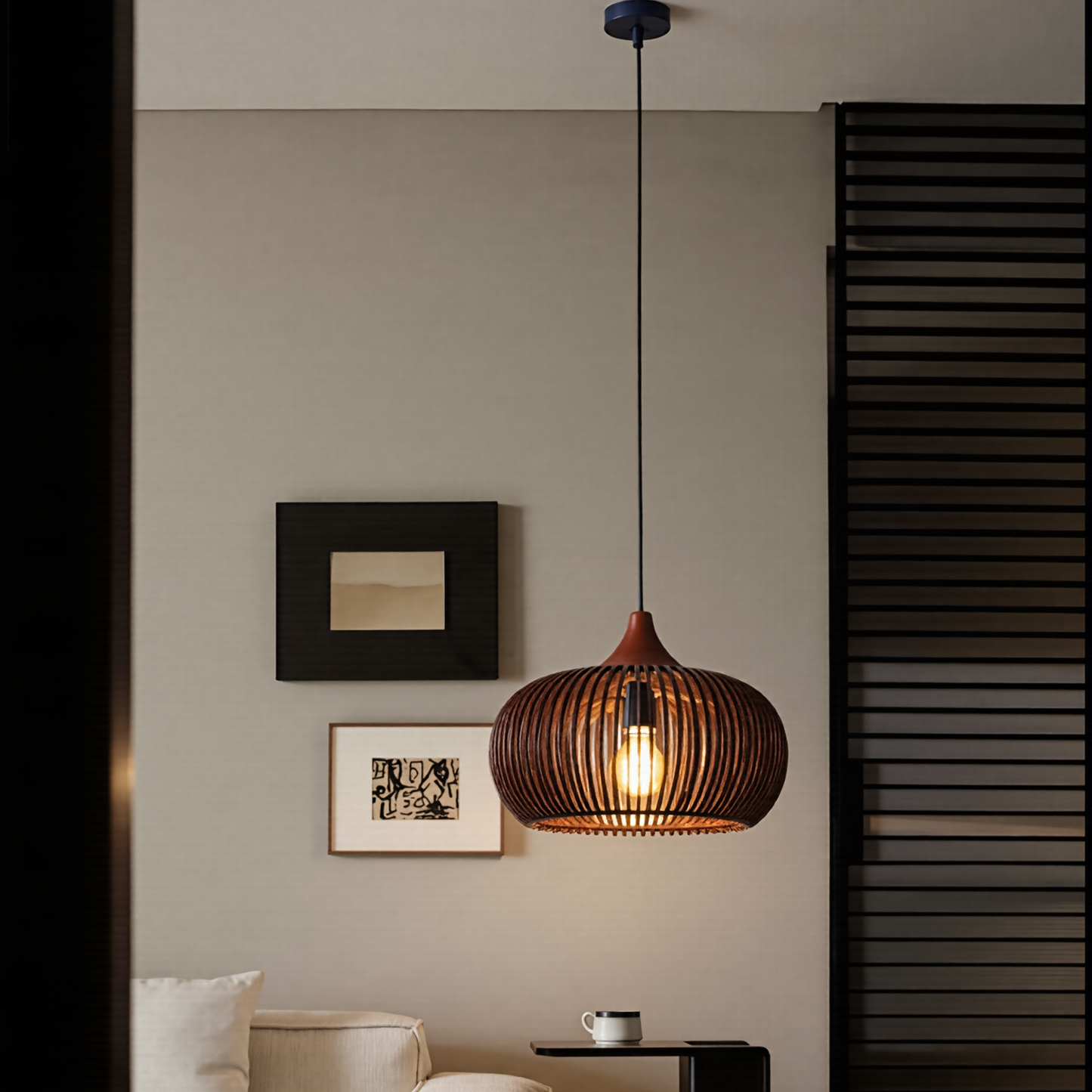 Modern Slatted Wood Pendant Light - Nordic Pumpkin Wood Chandelier