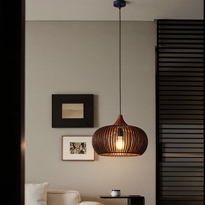 Modern Slatted Wood Pendant Light - Nordic Pumpkin Wood Chandelier