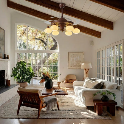Retractable Ceiling Fan Light - Walnut & Glass Globes