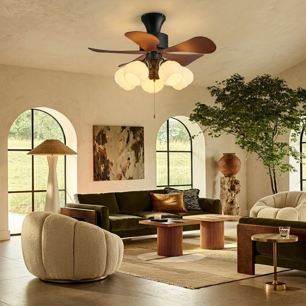 Nordic Wood Effect Ceiling Fan with Light, Frosted Flower Glass Shades for Bedroom & Living Room
