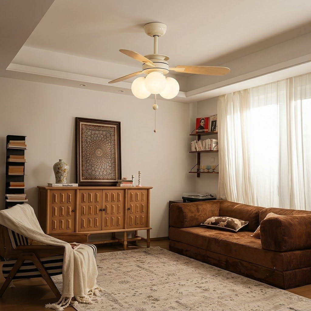 Modern Nordic Wooden Ceiling Fan with Light, 3 Glass Shades for Bedroom Living Room