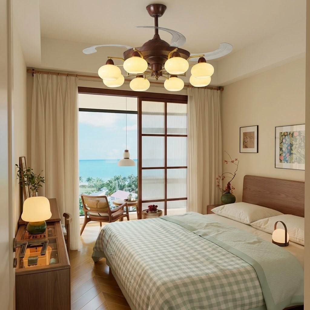Retractable Ceiling Fan Light - Walnut & Glass Globes
