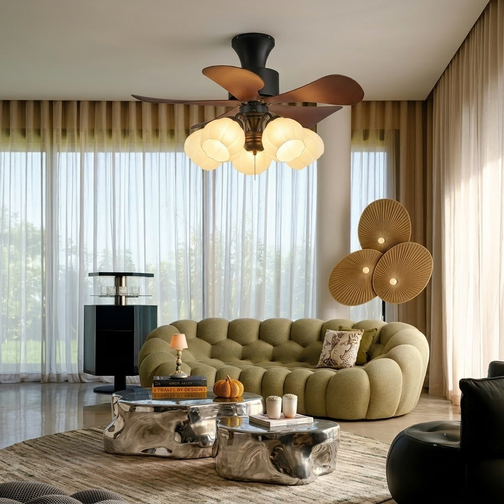 Nordic Wood Effect Ceiling Fan with Light, Frosted Flower Glass Shades for Bedroom & Living Room