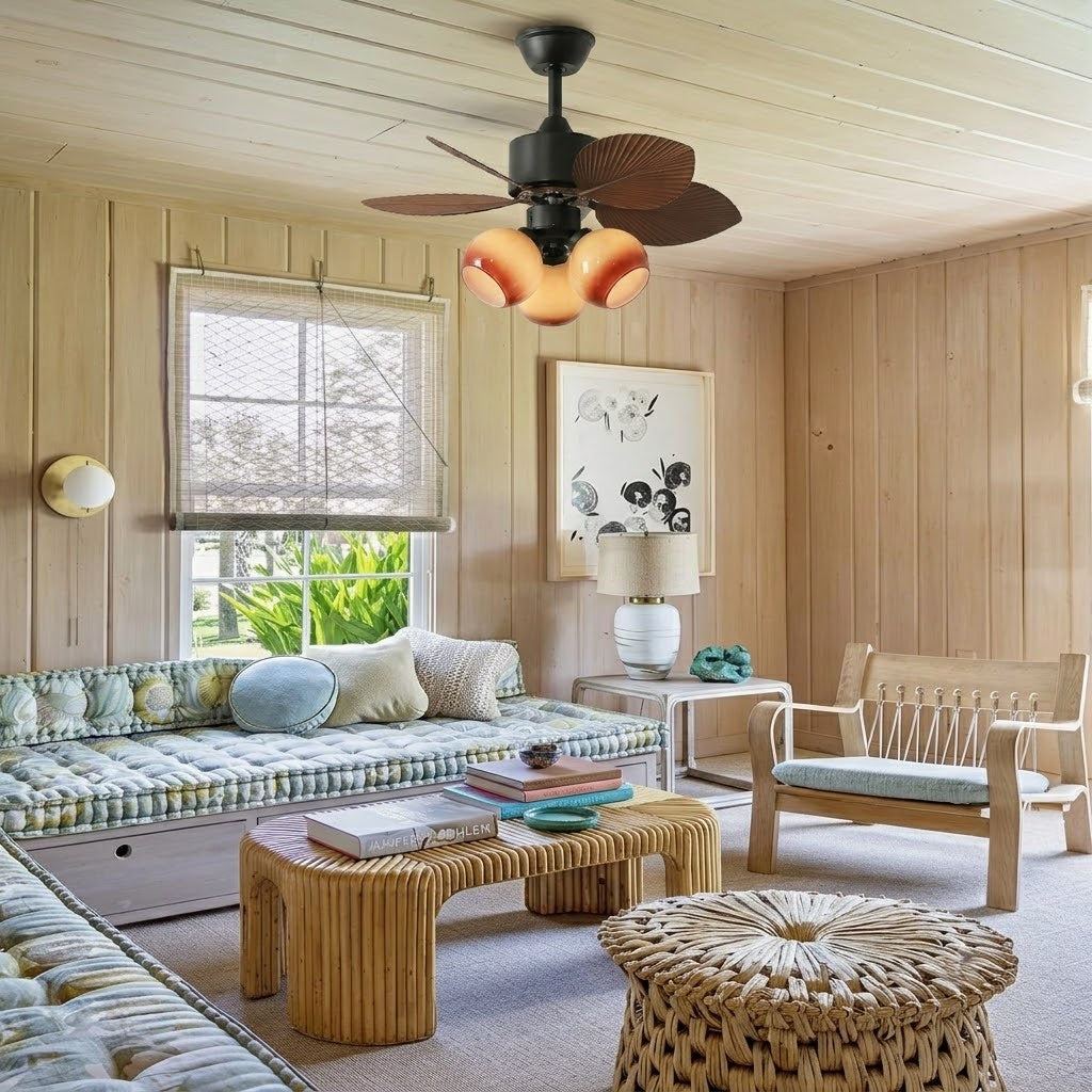 29 Inch Palm Leaf Ceiling Fan with Amber Glass Lights