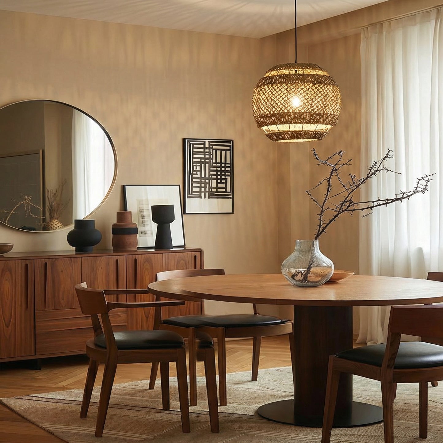 Hand-Woven Rattan Pendant Light - Modern Boho Coastal Ceiling Fixture