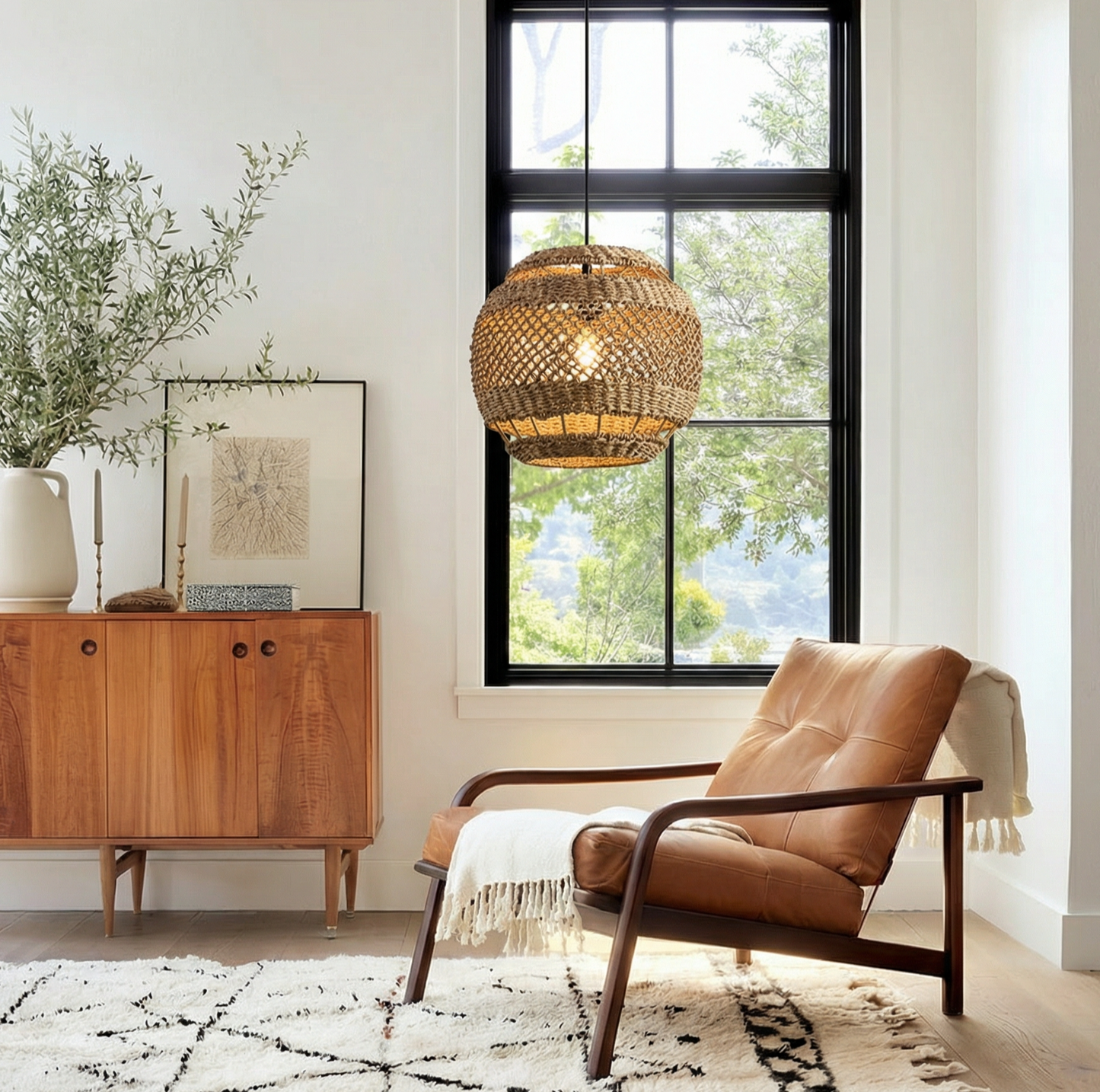 Hand-Woven Rattan Pendant Light - Modern Boho Coastal Ceiling Fixture