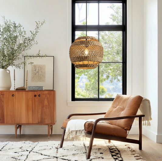Hand-Woven Rattan Pendant Light - Modern Boho Coastal Ceiling Fixture