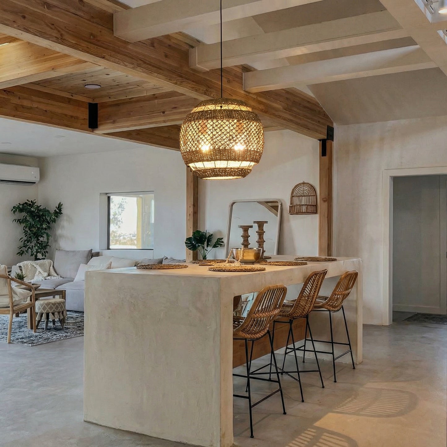 Hand-Woven Rattan Pendant Light - Modern Boho Coastal Ceiling Fixture