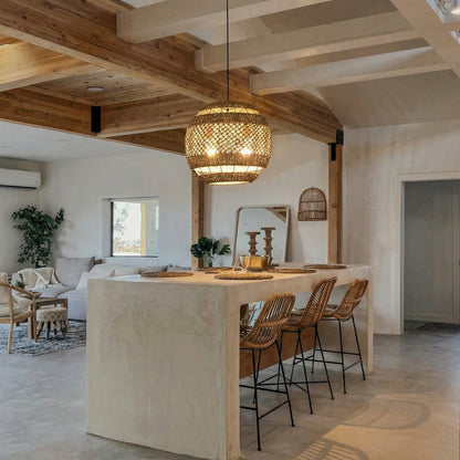 Hand-Woven Rattan Pendant Light - Modern Boho Coastal Ceiling Fixture