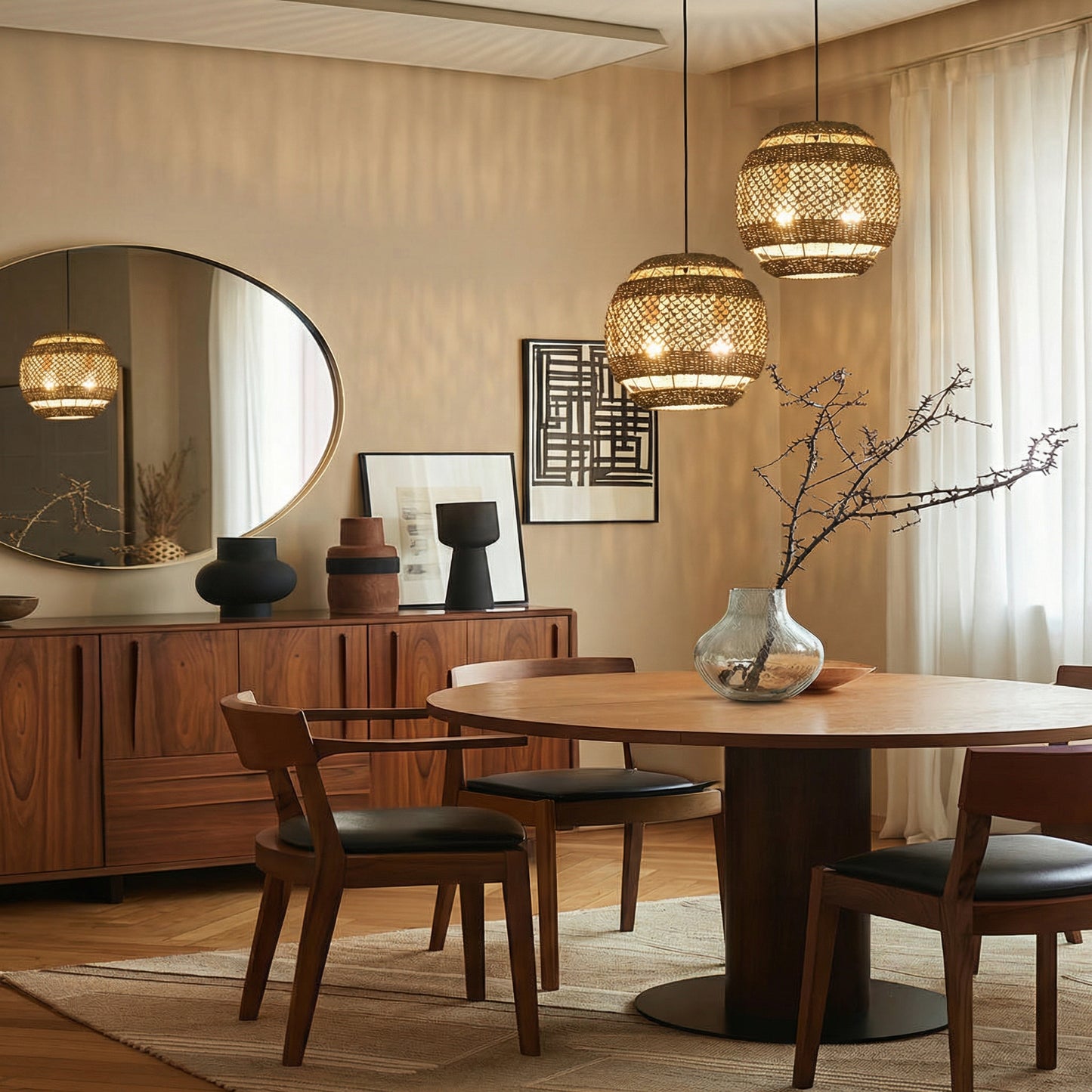 Hand-Woven Rattan Pendant Light - Modern Boho Coastal Ceiling Fixture