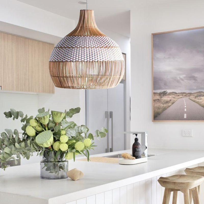 White Hand-Woven Rattan Pendant Light Woven Rattan Lampshade 30CM Small Boho Light