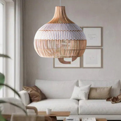 White Hand-Woven Rattan Pendant Light Woven Rattan Lampshade 30CM Small Boho Light
