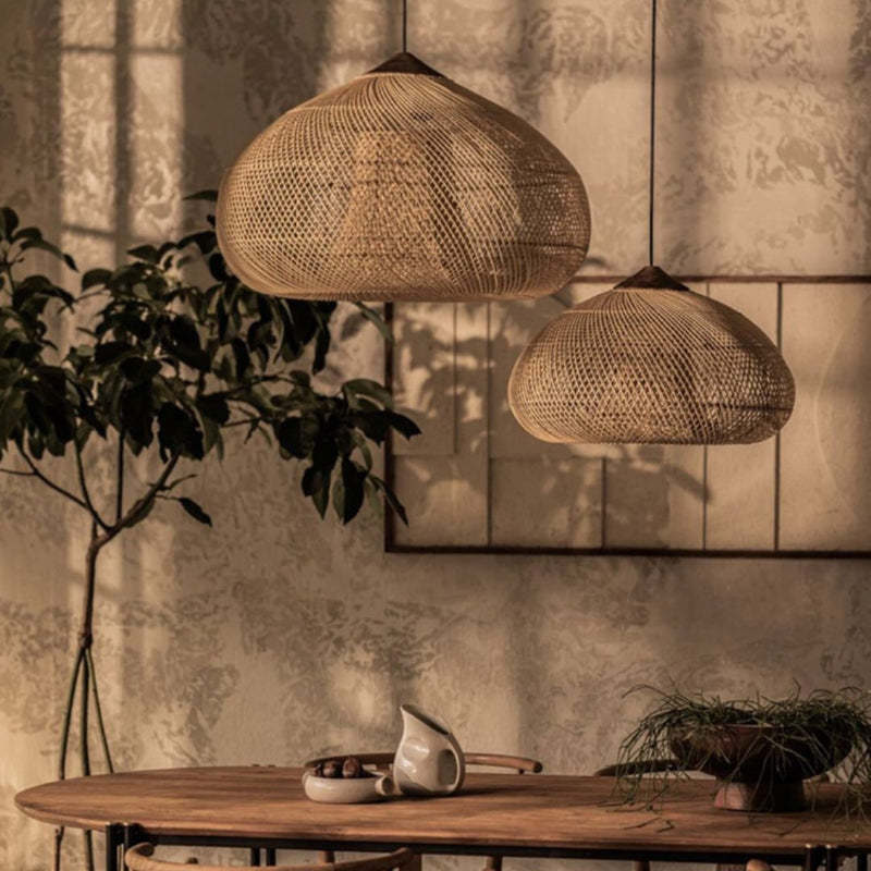 Vintage Pendant Light Rattan Drum Lampshade Hand-Woven Large Boho Basket Chandelier