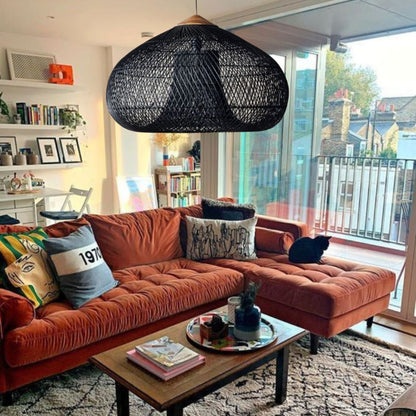 Vintage Pendant Light Rattan Drum Lampshade Hand-Woven Large Boho Basket Chandelier