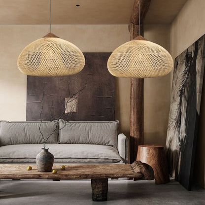 Vintage Pendant Light Rattan Drum Lampshade Hand-Woven Large Boho Basket Chandelier