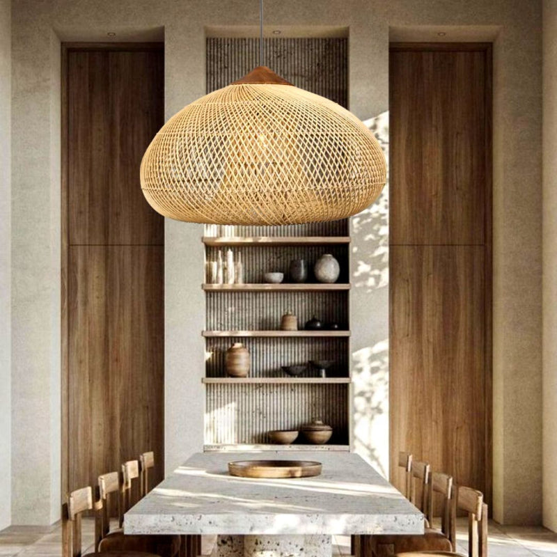 Vintage Pendant Light Rattan Drum Lampshade Hand-Woven Large Boho Basket Chandelier