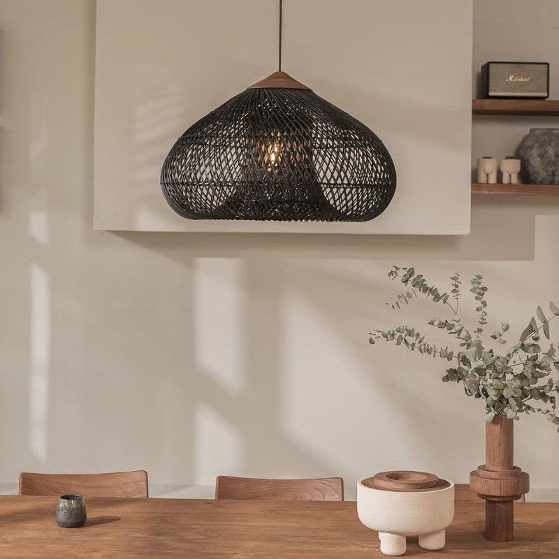 Vintage Pendant Light Rattan Drum Lampshade Hand-Woven Large Boho Basket Chandelier