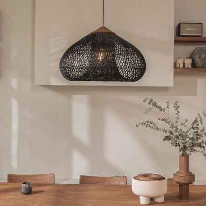 Vintage Pendant Light Rattan Drum Lampshade Hand-Woven Large Boho Basket Chandelier