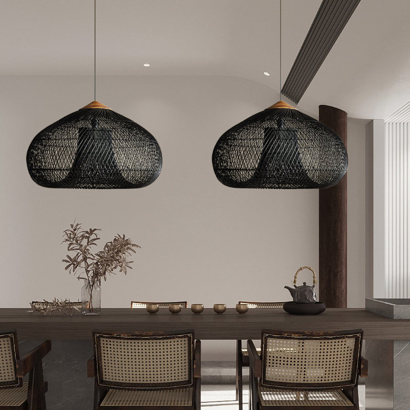 Vintage Pendant Light Rattan Drum Lampshade Hand-Woven Large Boho Basket Chandelier