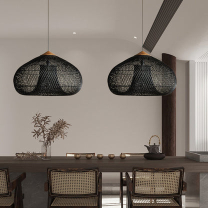 Vintage Pendant Light Rattan Drum Lampshade Hand-Woven Large Boho Basket Chandelier