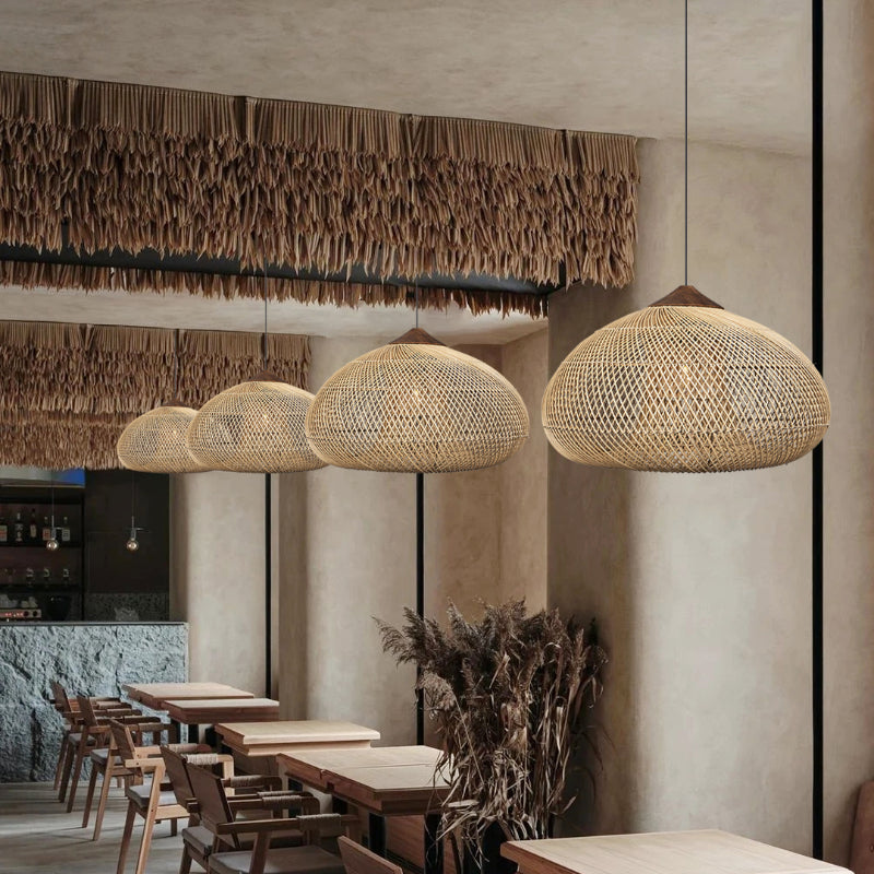 Vintage Pendant Light Rattan Drum Lampshade Hand-Woven Large Boho Basket Chandelier