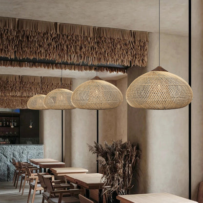 Vintage Pendant Light Rattan Drum Lampshade Hand-Woven Large Boho Basket Chandelier