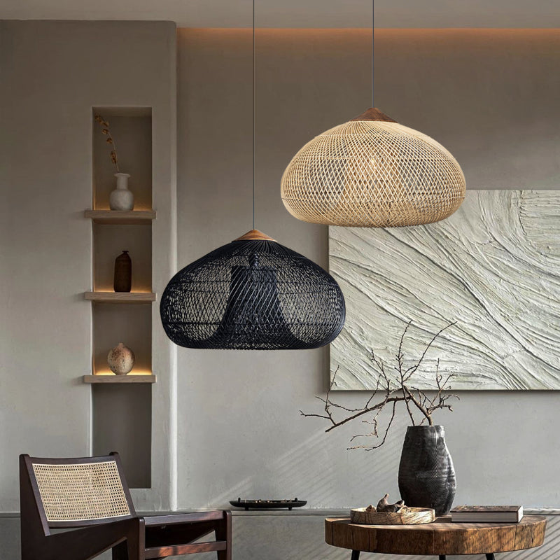 Vintage Pendant Light Rattan Drum Lampshade Hand-Woven Large Boho Basket Chandelier