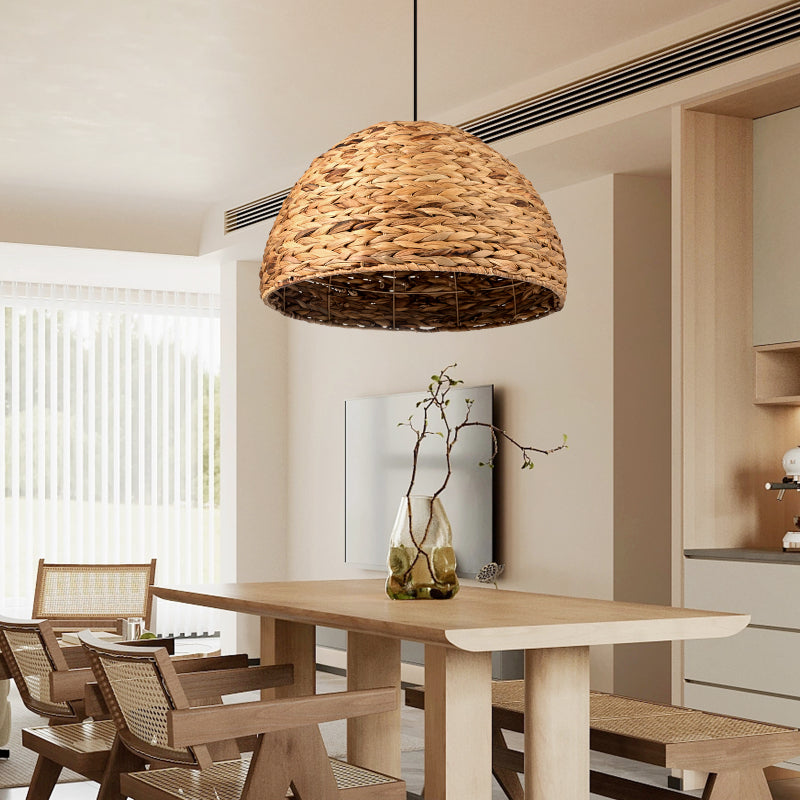 Retro Semicircle Straw Rattan Dining Room Hanging Lampshade