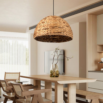 Retro Semicircle Straw Rattan Dining Room Hanging Lampshade