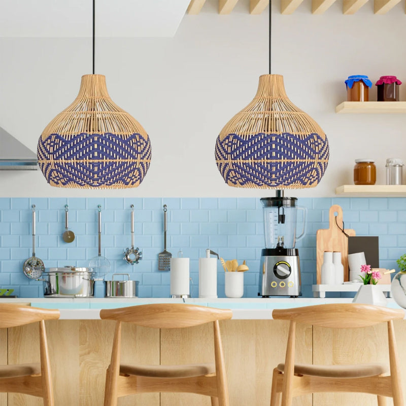 Rattan Pendant Light Handmade Blue Hanging Wicker Lamp Shade