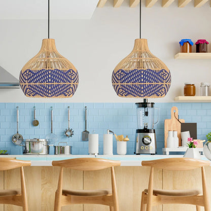 Rattan Pendant Light Handmade Blue Hanging Wicker Lamp Shade