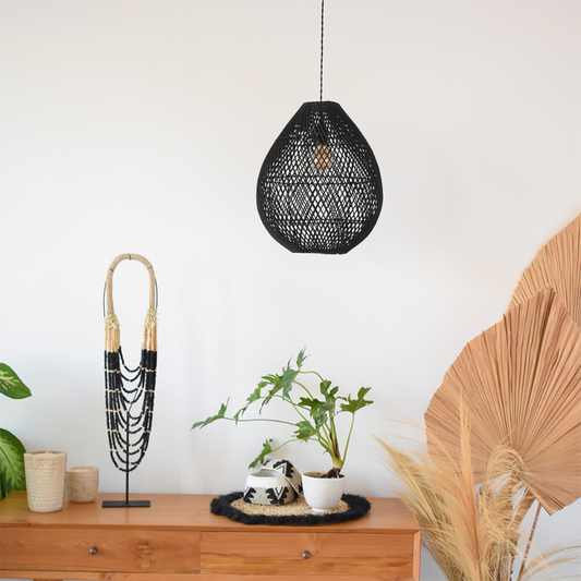 Classic Farmhouse Black Rattan Handwoven Pendant Light-[Modern pendant lighting for bedroom and living space]-Demolights UK