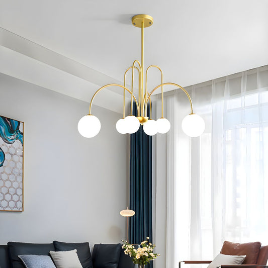 Modern Iron Chandelier with White Glass Shade-[Modern pendant lighting for bedroom and living space]-Demolights UK