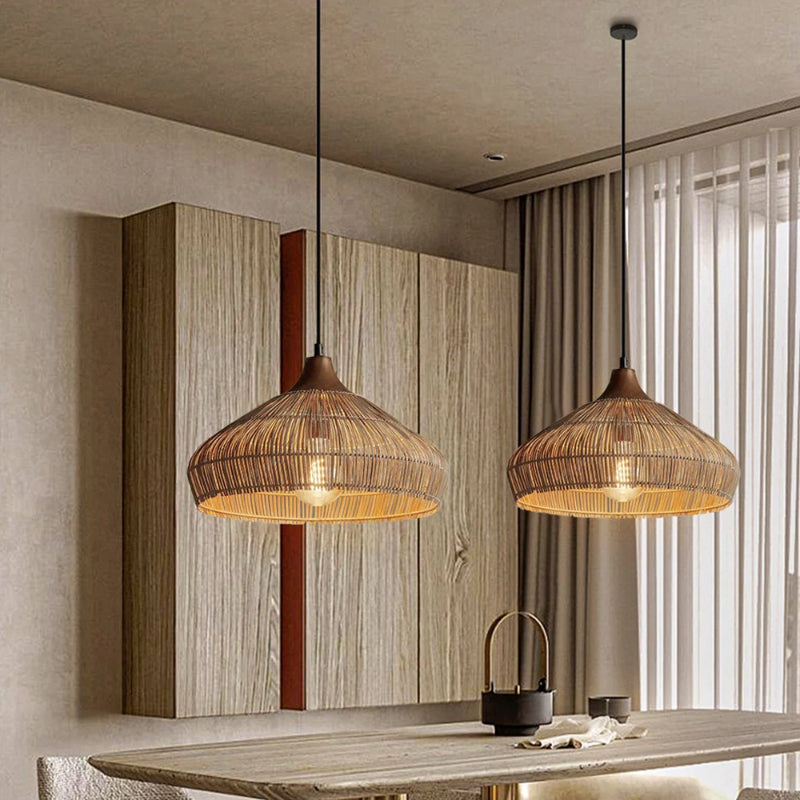 Wabi-sabi Retro Rattan Pendant Wicker Light Fixture-[Modern pendant lighting for bedroom and living space]-Demolights UK
