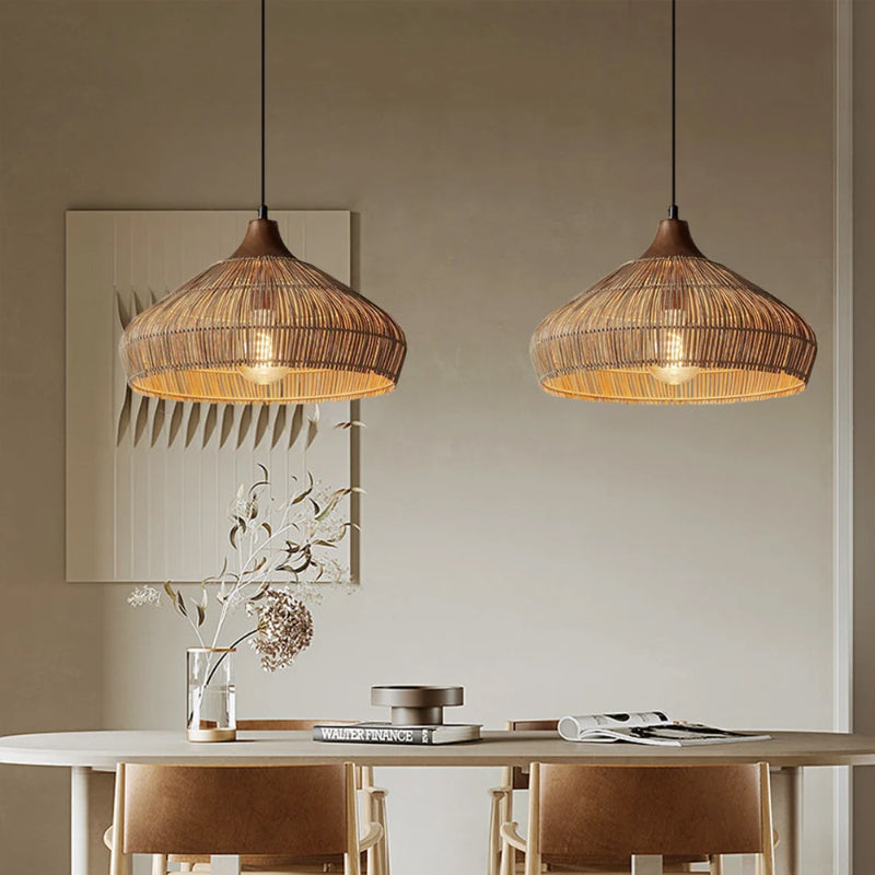 Wabi-sabi Retro Rattan Pendant Wicker Light Fixture Hand-Woven Coastal Boho Dome Lamp