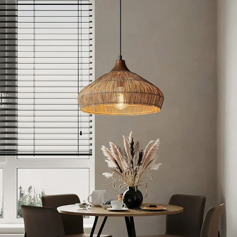 Wabi-sabi Retro Rattan Pendant Wicker Light Fixture Hand-Woven Coastal Boho Dome Lamp