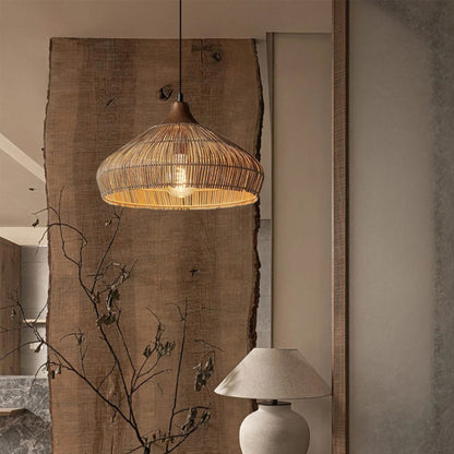 Wabi-sabi Retro Rattan Pendant Wicker Light Fixture Hand-Woven Coastal Boho Dome Lamp