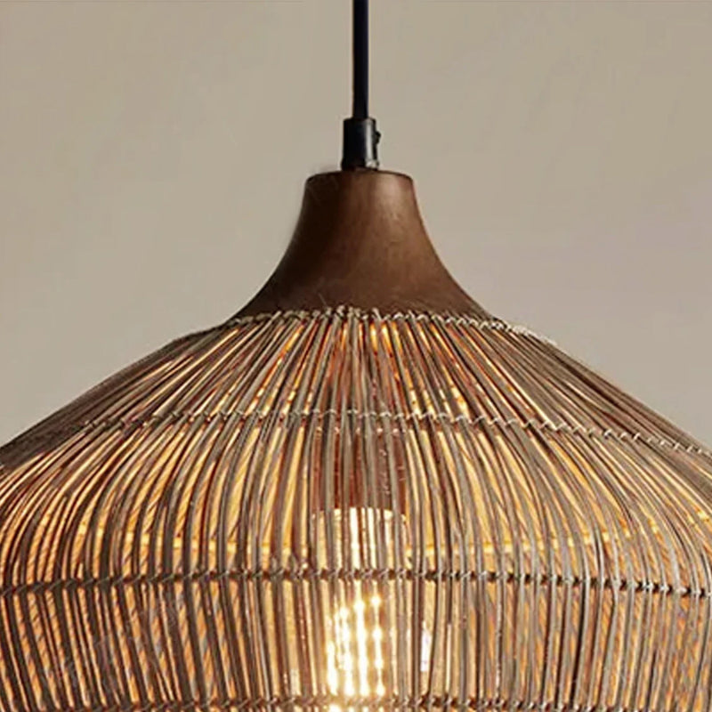 Wabi-sabi Retro Rattan Pendant Wicker Light Fixture Hand-Woven Coastal Boho Dome Lamp