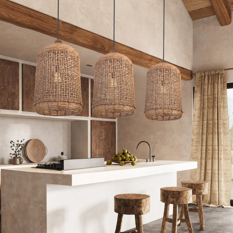 Oversize Rattan Pendant Light Kitchen Island Woven Cage Lampshade-[Modern pendant lighting for bedroom and living space]-Demolights UK