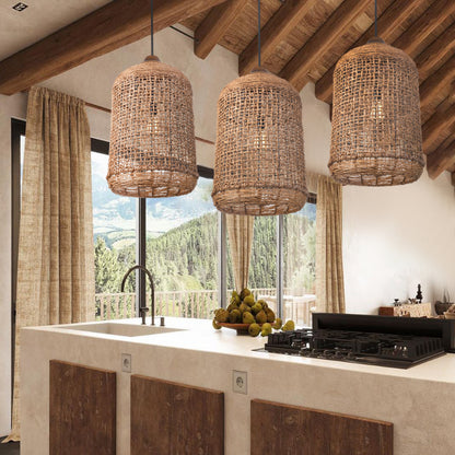 Oversize Rattan Pendant Light Kitchen Island Woven Cage Lampshade