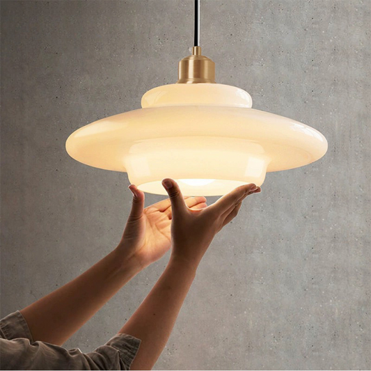 Mid Century Style Milk White Glass Pendant Light-[Modern pendant lighting for bedroom and living space]-Demolights UK